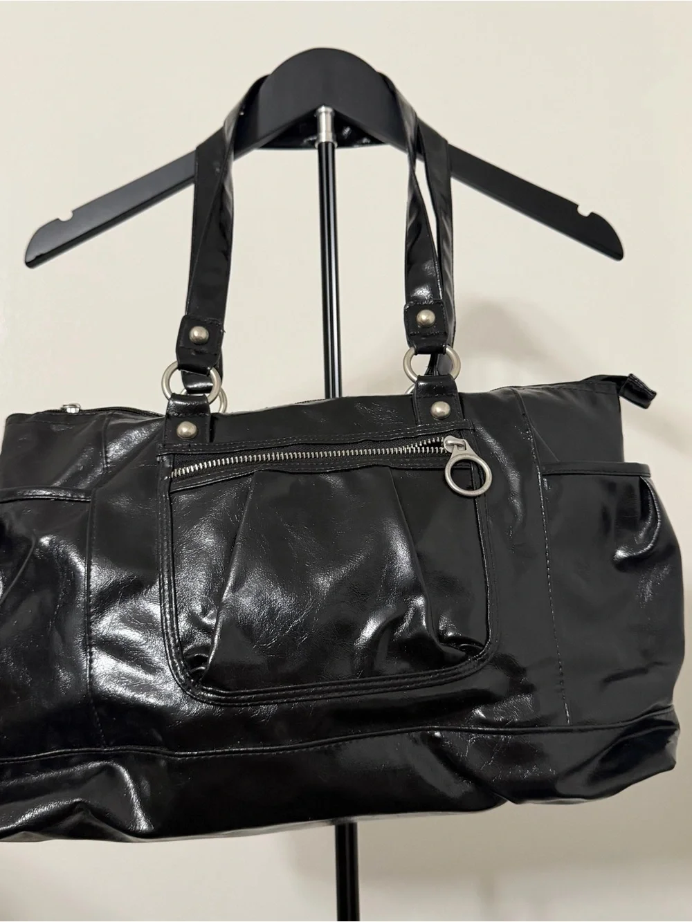 Avenue Black Patent Shoulder Tote with Front Zip Pocket